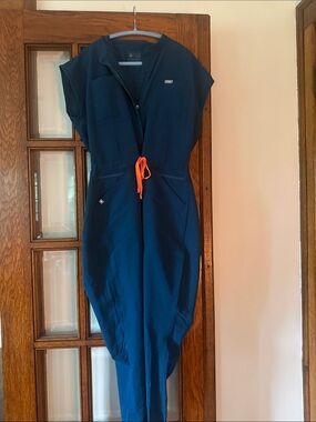 Figs Women's Jumpsuit in Navy with Orange Drawstring